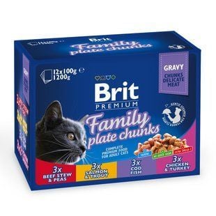 Набор влажного корма для кошек Brit Premium Family Plate 12 шт х 100 г - говядина и горох, лосось и форель, треска, курица и индейка - masterzoo.ua