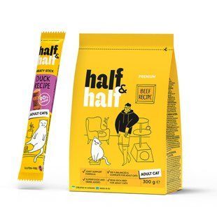Сухой корм для кошек Half&Half Adult 300 г - говядина + лакомство для кошек Half&Half Meaty Stick 5 г - утка - masterzoo.ua