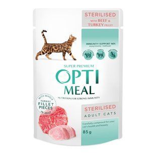 Вологий корм для котів Optimeal Sterilised Adult 85 г - яловичина та індичка - masterzoo.ua