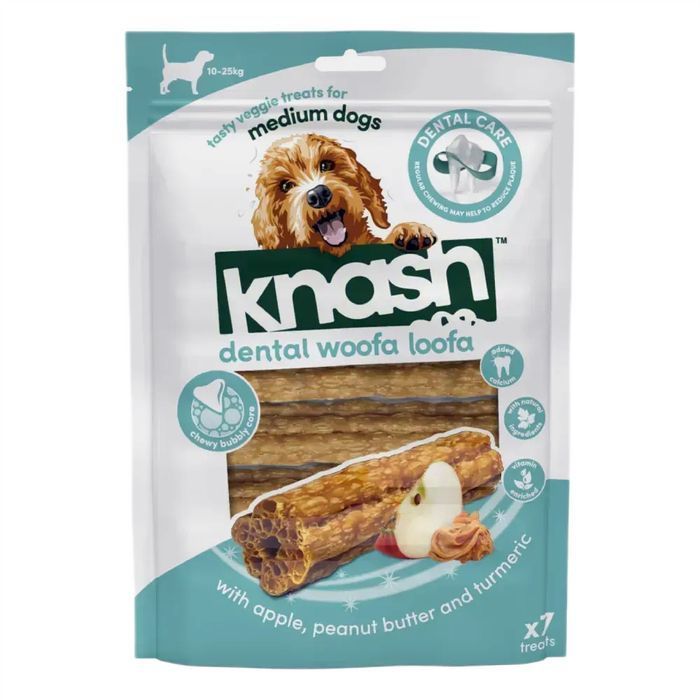 Ласощі з кальцієм для зубів собак Knash Woofa Loofa Apple&PeanBut 196 г - masterzoo.ua
