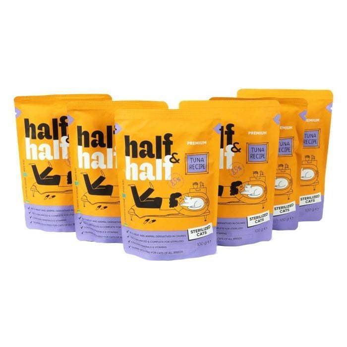 Упаковка вологого корму для котів Half&Half Sterilized 5+1 шт х 100 г - тунець - masterzoo.ua