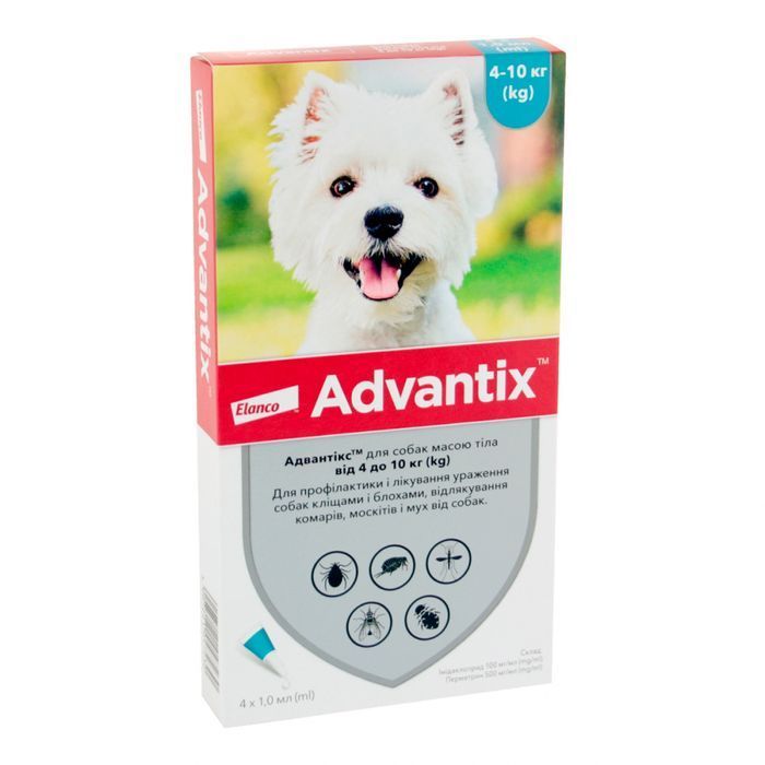 Капли на холку для собак Elanco Bayer Advantix от 4 до 10 кг, 4 шт - masterzoo.ua