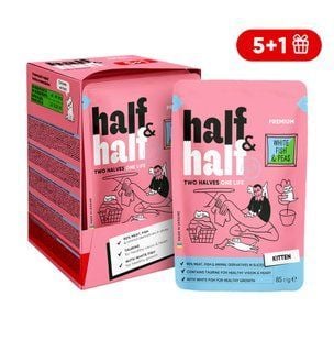 Упаковка влажного корма для котят Half&Half Kitten 6 шт х 85 г - белая рыба и горох - masterzoo.ua