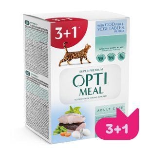 Упаковка вологого корму для котів Optimeal Immunity Support Mix Adult 3+1 шт х 85 г - тріска та овочі - masterzoo.ua